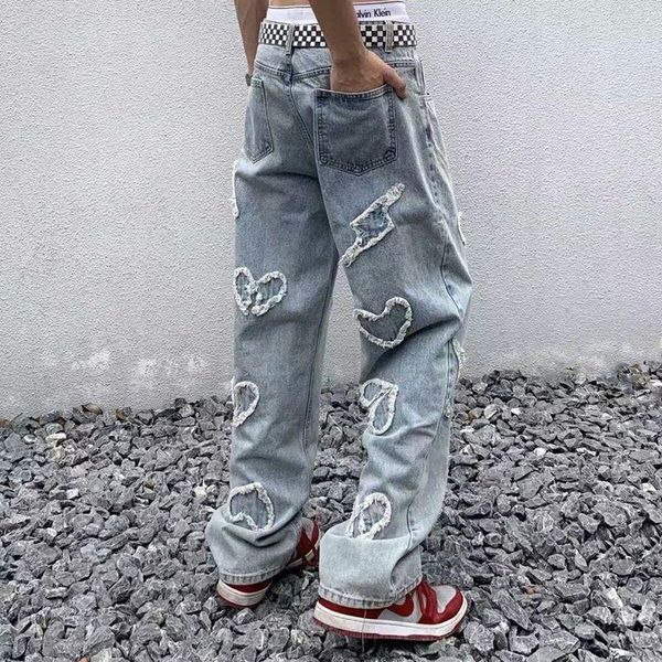 

jeans jeans couple patch decorative goth pants 2022 european american fashion high street washed old patchwork straight trousers trend, Blue