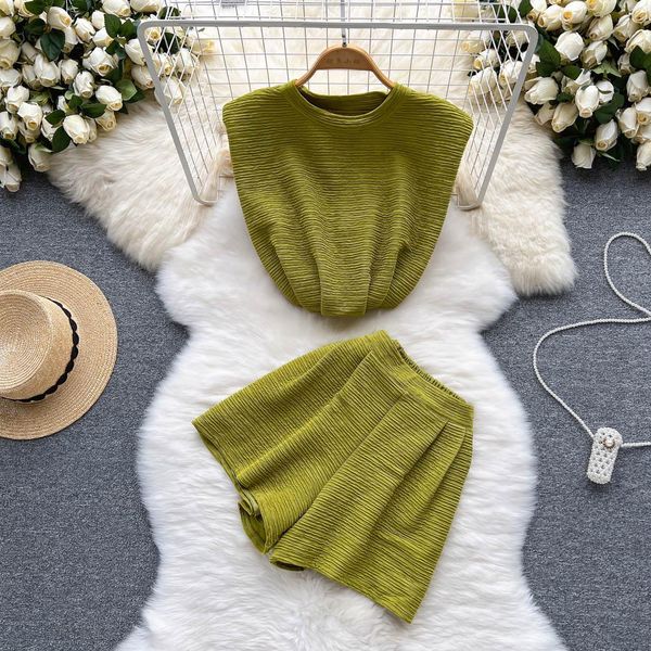 

dress 2022 summer new waistcoat sleeveless vest tshirt versatile high waist wide leg shorts twopiece suit, White