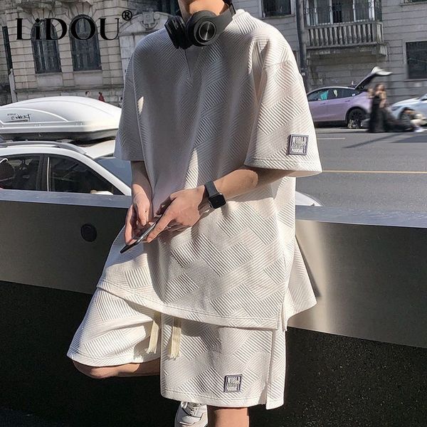 

mens tracksuits summer casual short sleeve sets man solid color loose fashion half sleeve elastic waist waffler knee length shorts 230419, Gray