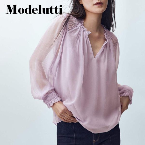 

t-shirt modelutti 2022 nowa wiosna lato moda fioletowy krepa koszula bluza kobiety bluzki elegancki jednolity kolor proste casual kob, White