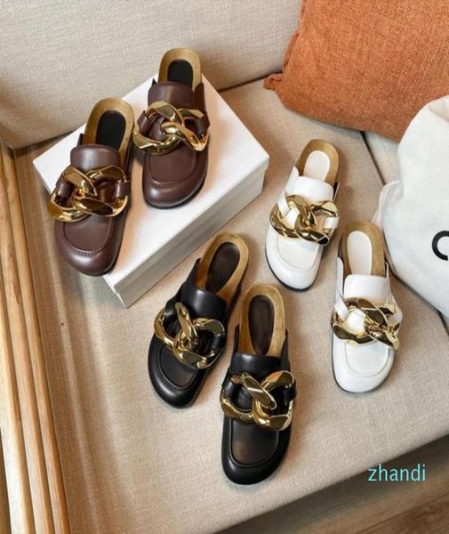 

brand women slipper big gold chain decor mules shoes slip on flat heel lazy loafer casual outdoor slides flip f slippers2044996, Black