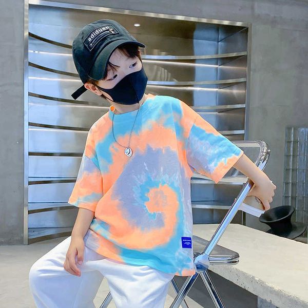 

t-shirts new summer fashion boys t-shirts tie-dye korean short sleeve streetwear boys clothes tshirt tees size 4 5 7 9 11 13 14years p230419, Blue