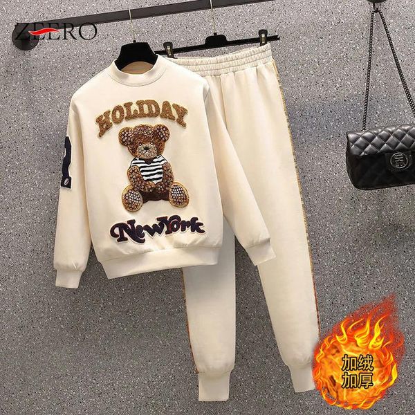 

pants fall winter women fleece thick cartoon sportwear suit casual black tracksuit female 2 piece set pullover patchwork pant sets, White