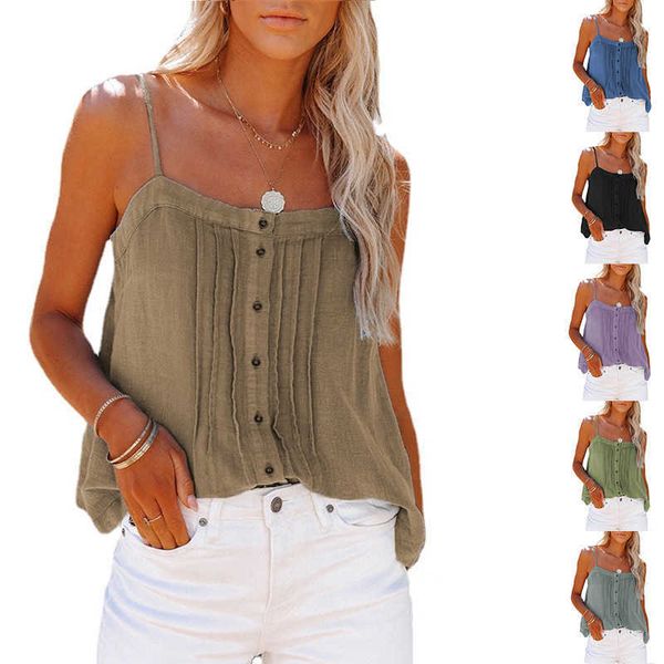 

women's t-shirt undershirt 2023 new designer loose outreach summer button square collar suspenders denim natural color small undershirt, White