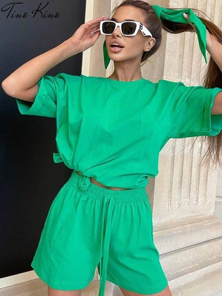 

dress women tracksuit casual 2 pieces set 2022 summer oneck short sleeve shirt with lace up shorts female set fashion lady outfits, White