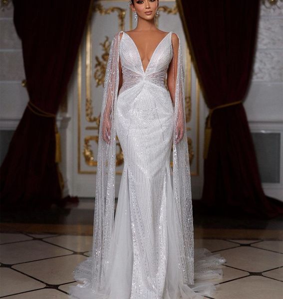 

elegant mermaid wedding dresses sleeveless deep v neck straps beaded sequins appliques lace capes plus size zipper bridal gowns plus size ve, White
