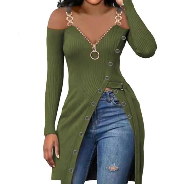 

women's t-shirt v-neck zipper collar long sleeve buttoned decor waist band women blouse off shoulder chain strap high split long t-shir, White