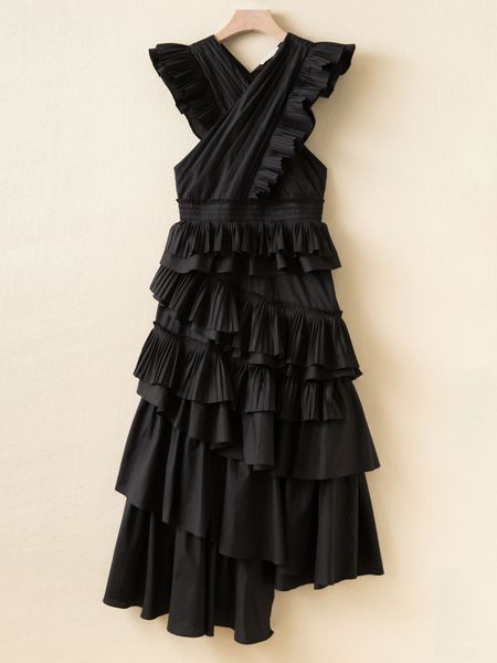 

runway dresses new cotton uj heavy work solid color agaric edge stitching fashionable temperament cross v-neck dress, Black