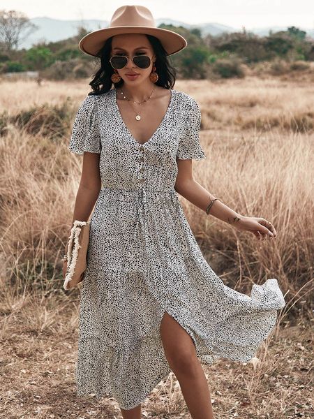 

casual dresses dot print ruffles summer dress women casual v neck draw string button dress for woman vintage white dresses vestidos 230419, Black;gray