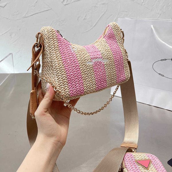 

summer weave designer bag hobo shoulder bags p letter straw 3 in 1 underarm tote bag women designer handbags chain beach bag 230308