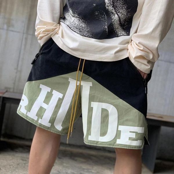 

2022 hip hop high street retro letter logo printed two-color stitching drawstring shorts drawstring beach pants trendy c4hr#, White;black