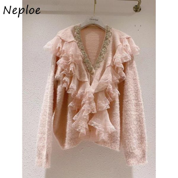 

sweaters neploe 2022 autumn winter new vneck cardigans women rhinestone decoration lace sweater coat woman goth knitted cardigan female, White;black