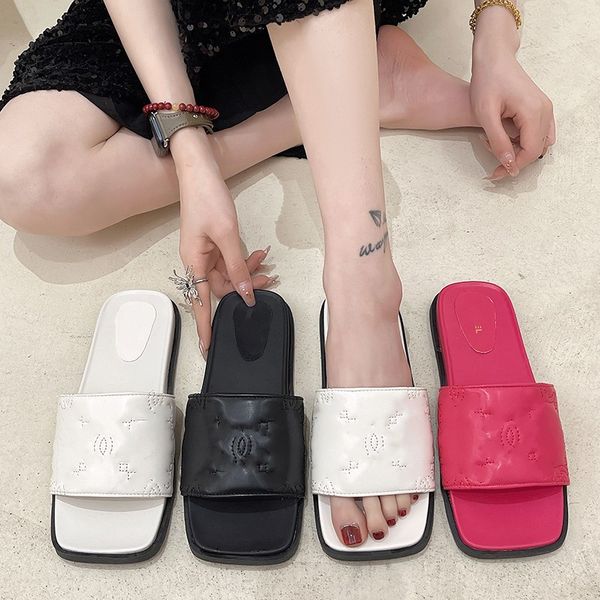 

new women letters slippers 2023 female outdoor soft bottom non-slip embroidery c leather slides girls sweet square head sandals beach shoes, Black