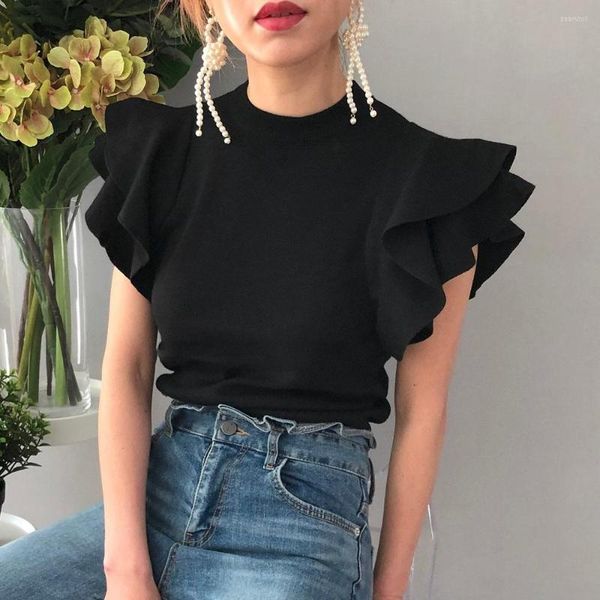 

women's t shirts 2023 korean summer ruffles short sleeve women t-shirt knitted female chic solid loose tshirt elegant pullover tees, White