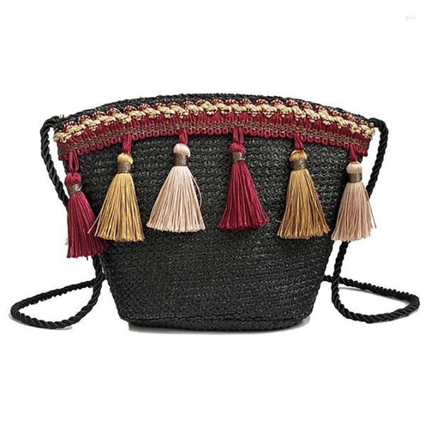 

shoulder bags fashion bucket straw summer style women handbags ethnic tassel rattan crossbody handmade woven beach