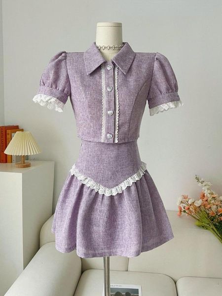 

dress korean summer two piece set women skirt short sleeve crop and high waist lace side mini aline skirt suit fashion outfits, White