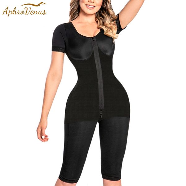 

women's shapers faja colombiana mujer full body flatten abdomen body shaper with long pants short sleeves high waist slimming bodysuit, Black;white