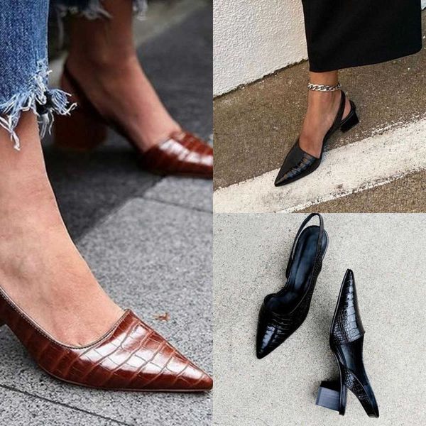 

sandals women's mid heeled shoes retro pattern pumps for women pointed toe office ladies sandals summer female shoes 230322, Black