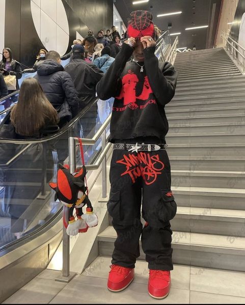 

mens pants y2k retro street trend cargo letter pants woman fashion red black pants harajuku hip hop print loose overalls joggers men 230419