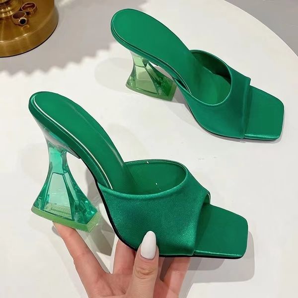 

slippers summer green women's shoes silky wide band transparent strange high heels comfortable pu leather slides sandals pumps 230419, Black