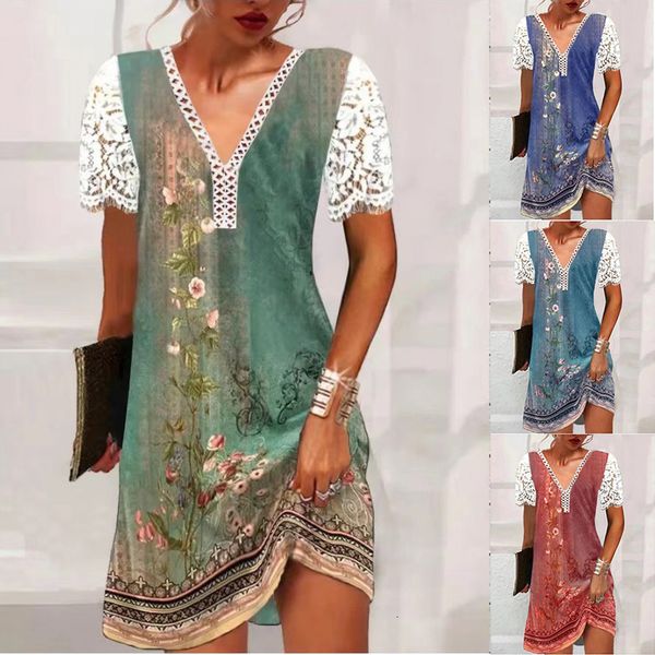 

casual dresses elegant vintage print party dress women's summer casual lace stitching v-neck short-sleeved dress pullover fashion sundr, Black;gray