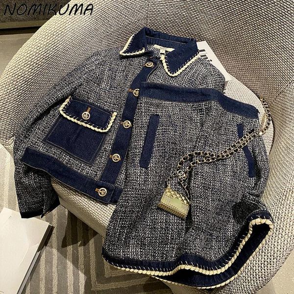 

dress nomikuma 2022 new fashion women 2pieces sets long lseeve turndown collar hit color coat + high waist aline mini skirt suits, White