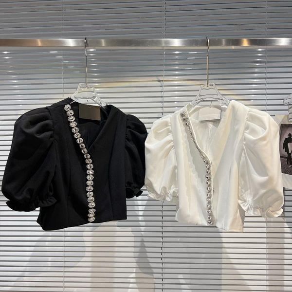 

shirts prepomp 2022 spring new arrival short fluffy sleeve padded shoulder rhinestone v neck slim shirt women gd994, White
