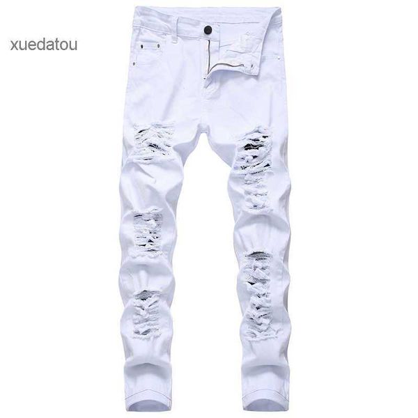 

ripped jeans white red men black stretch slim fit spring autumn denim pants distressed hip hop streetwear biker jeans pants x0621 x3ik, Blue