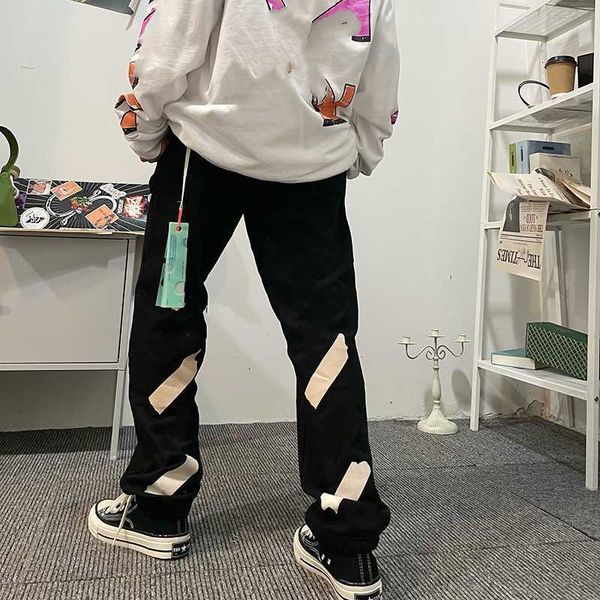 

autumn and winter men's pants fashion off brand loose casual plus velvet thickening ow trousers same style for men women white printing, Black