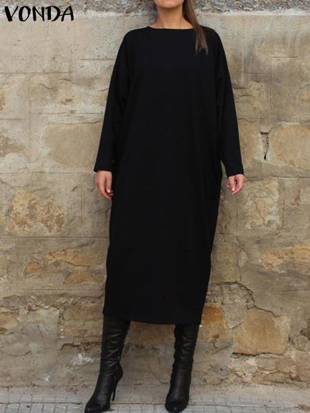 

dresses vonda 2022 women autumn solid long dress fashion o neck long sleeve shirt dress elegant vestido midi robe casual party sundress, Black;gray
