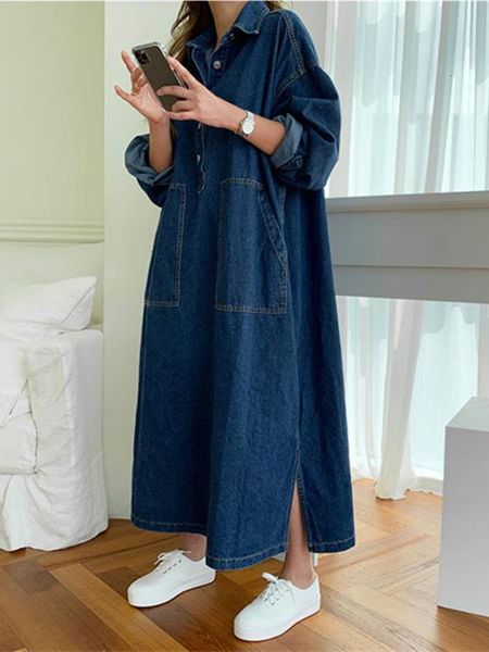 

casual dresses ewq solid lapel button double pocket long sleeve loose ankle-length denim dress women spring casual pullover robe 16w2335 230, Black;gray