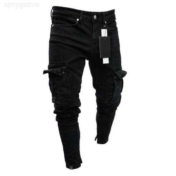 

men's jeans 2021fashion black jean men denim skinny biker destroyed frayed slim fit pocket cargo pencil pants plus size s-3xl fashionib, Blue