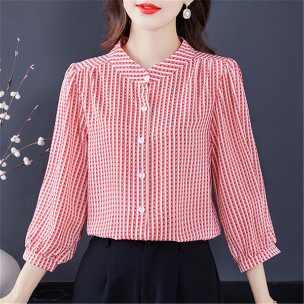 

shirts striped shirt chiffon casual fashion blouse threequarter sleeve slim fit popular elegant 2022 new summer blusas mujer, White
