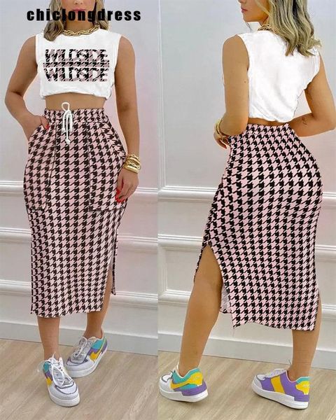 

dress zomer casual tweedelige set vrouwen mode alfabet print vest trekkoord slit rok tweedelig pak vrouwen, White