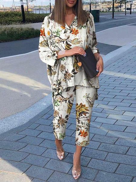 

pants zanzea casual summer floral printed long sleeve oneck high low blouse matching sets bohemian femme fashion casual loose pant, White