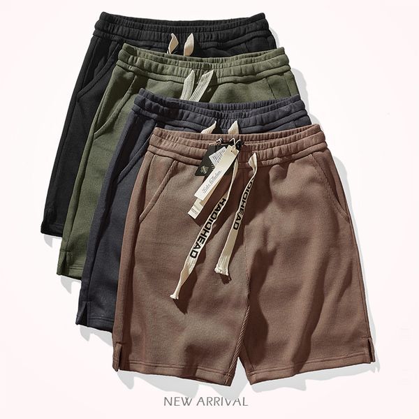 

men's shorts summer american retro heavyweight knitted sports shorts men's pure cotton elastic waist washed loose casual 5-point p, White;black