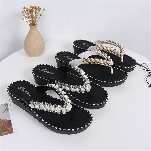 

slippers wedges bling beading flip flop summer pearl platform sandals fashion beach slides woman shoes rivets studs 230419, Black