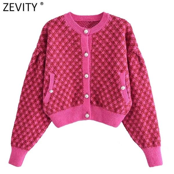 

sweaters zevity new women vintage houndstooth print pockets short knitting sweater female chic pearl buttons cardigans coat sw1107, White;black