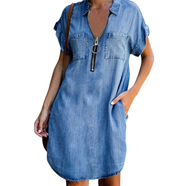 

casual dresses denim dress women short sleeve pockets zipper irregular hem knee-length loose dress set summer dresses for women 230419, Black;gray