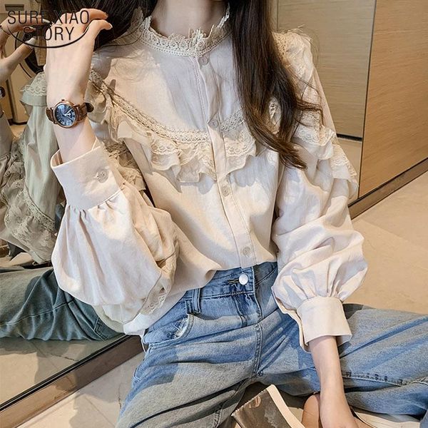 

shirts women shirt retro spring puff sleeve sweet lace round collar loose shirt long sleeve woman's blouses button cardigan 10097, White