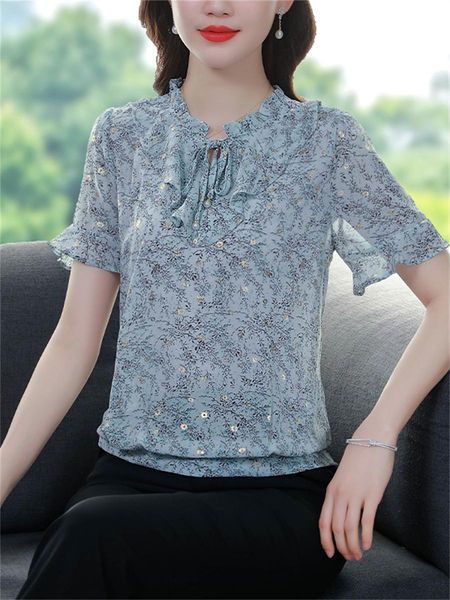 

t-shirt woman summer style chiffon blouses lady casual short sleeve bow tie collar flower printed blusas df4313, White