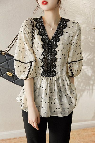 

t-shirt chiffon women's blouse large size printing lace loose shirt elegant summer short sleeve casual fashion female clothing, White