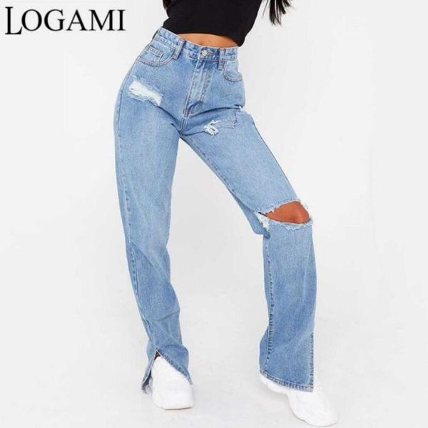 

jeans logami highwaisted slim straight jeans for women hole leg split micro flared denim trousers ripped jeans, Blue