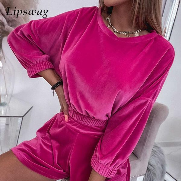 

dress fashion solid color elastic waist suit new autumn casual velvet long sleeve crop shorts two piece set 2022 women's homewear, White