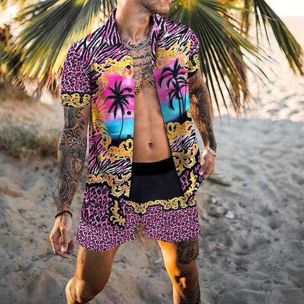 

mens tracksuits summer beach wear clothes men hawaiian shirt set 2 piece outfit button up shirts coconut tree printed button up vacation 230, Gray