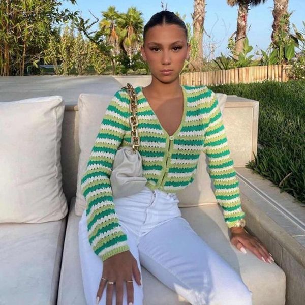 

sweaters 2021 female vneck stripe cardigan casual knitting sweater women vintage long sleeve short knitted coat, White;black