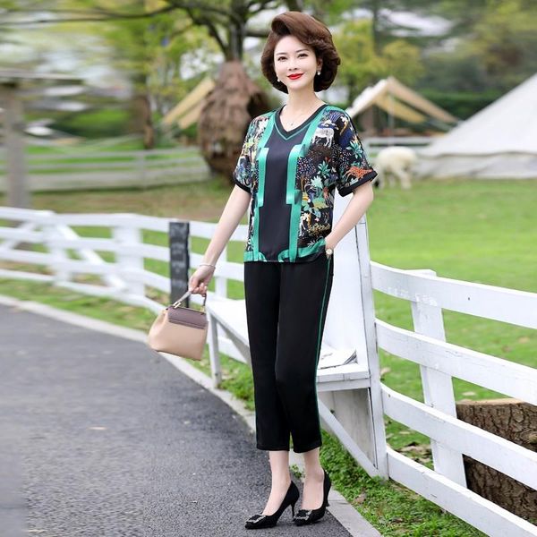 

dress middleaged women sets summer floral silk short sleeve tshirt pants suits mom elegant print ice silk 2 piece sets, White