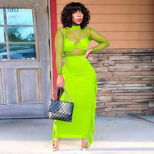

dress haoyuan two piece set mesh sheer tassel long skirts festival clothing fall outfits for women night club matching sets, White