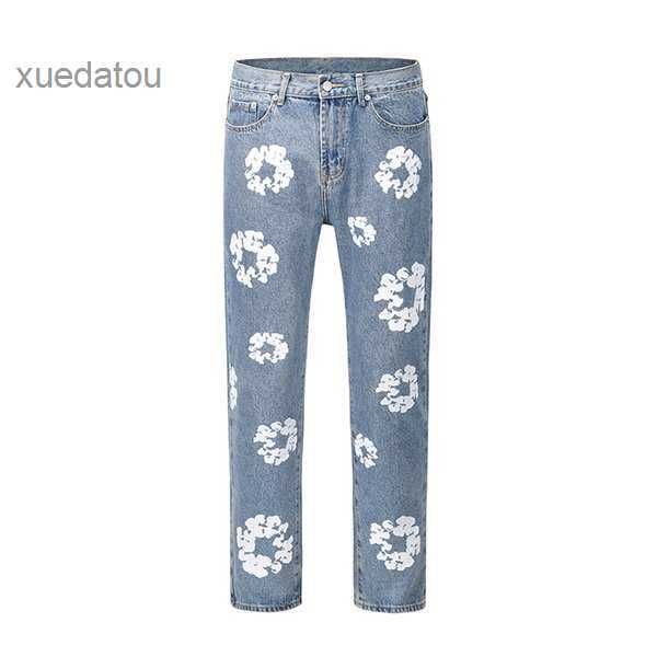 

full print jeans pants flower oversized streetwear straight casual men and women denim trousers 2 yksn, Blue