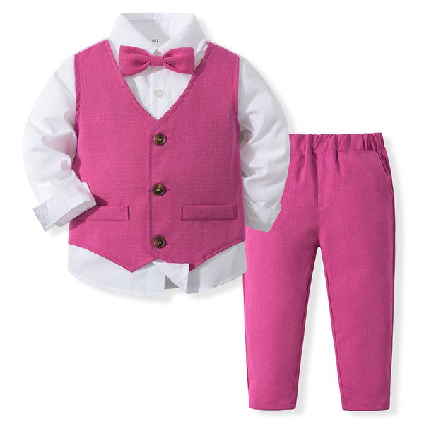 

clothing sets baby boys 3pcs gentleman suit kids fake vest formal outfits set bowtie long sleeve shirt tuxedo pants 230418, White